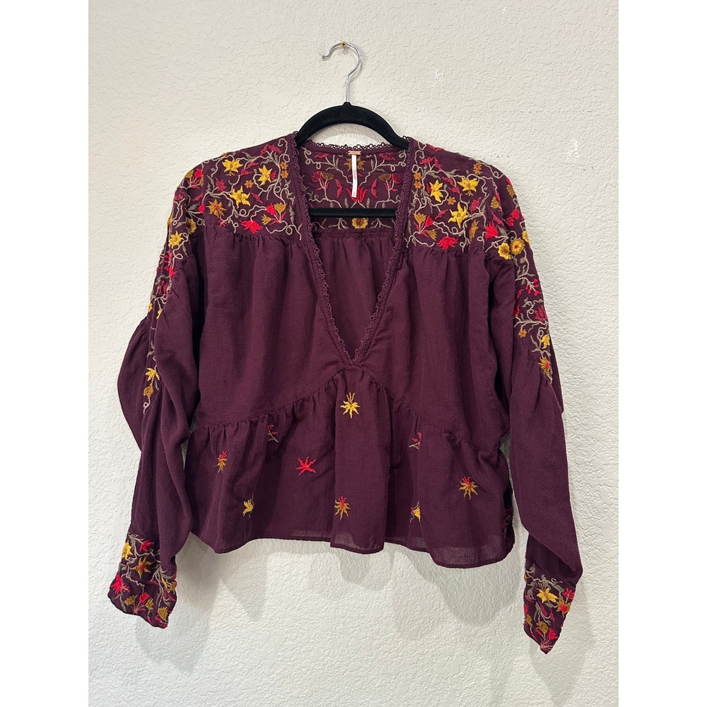 Free People Plum Purple Embroidered V-Neck Peplum Peasant Blouse Top Large